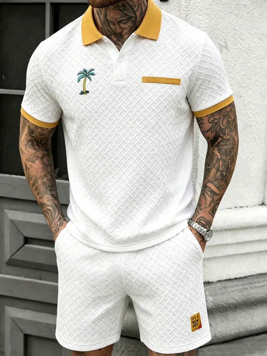 Manfinity Homme Men's Knitted Jacquard Solid Color Textured Collar & Cuff Ribbed Chest Stripe & Embroidered Classic Two-Button Polo Set - White - View 1