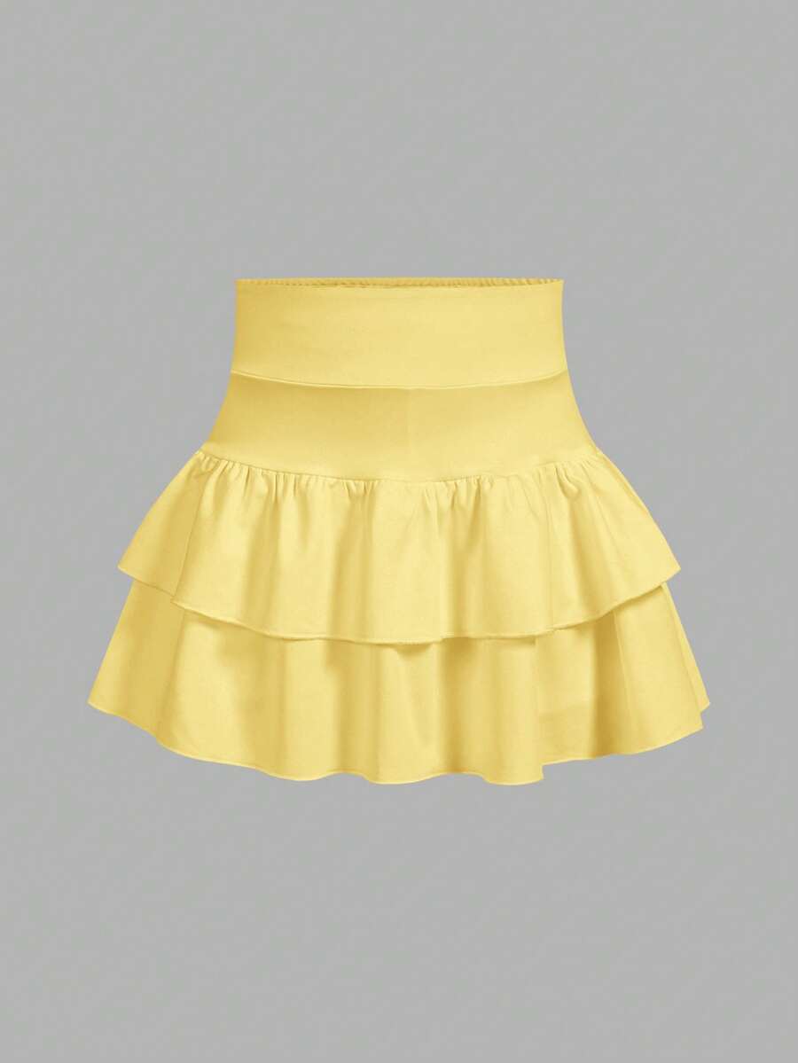 SHEIN Girlism Tween Girl Tween Girls Knitted Solid Color Cute Ruffle Layered Built-In Shorts Mini Skirt, Y2K, Fashionable Personalized - Yellow - View 1