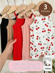 LMoss Kids 3件套女婴针织纯色樱桃图案背带连体衣套装 - 彩色 - 查看 1