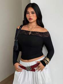 Coolane Atasan Wanita Ukuran Besar untuk Musim Gugur dan Musim Dingin, Elegan, Pakaian Sehari-hari, Kasual, Hitam, Elastis, Nyaman, dengan Patchwork Renda, Bahu Terbuka, Cocok untuk Halloween. - Hitam - View 7