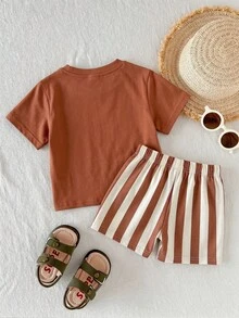 Baby Boy Simple Coconut Tree Print T-Shirt And Striped Shorts Set, Suitable For Summer Beach Holiday Cute Versatile Comfy - White - View 2