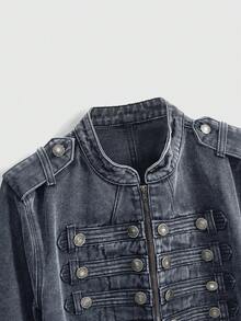 ROMWE Grunge Punk Chaqueta ligera de denim lavado desgastado con hebilla de metal vintage estilo náutico punk - Azul - Ver 3