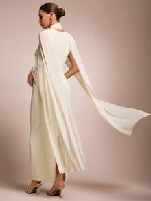 MaterniChic Elegant Chic Two Pieces Maternity Party Photoshoot Set: Cream Dress With Matching Shawl Stylish Fall Maternity Wear Suitable For Evening Events - Beige - View 4
