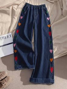 EMERY ROSE Plus Size Women's Elastic Waist Pockets Heart Pattern Casual Versatile Daily Wear Denim Jeans - Dark Wash - View 1