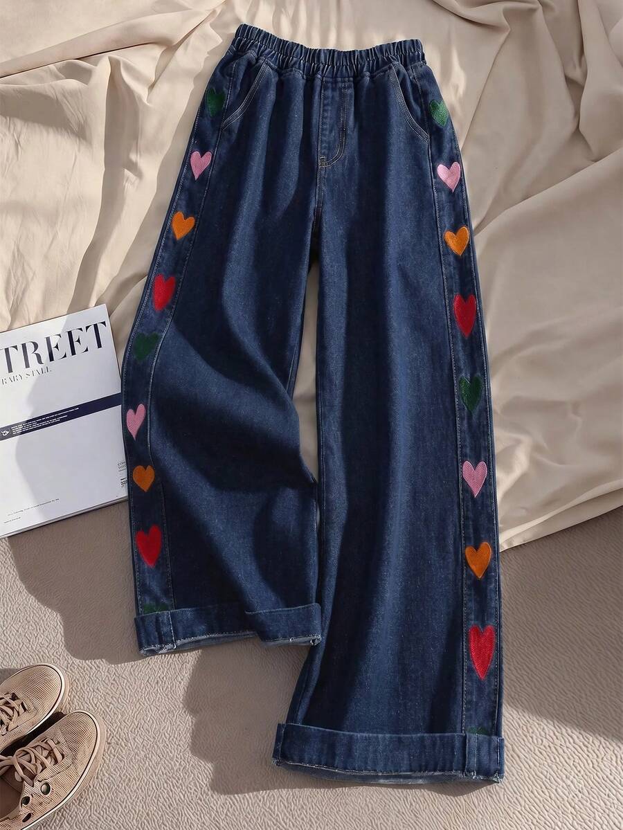 EMERY ROSE Plus Size Women's Elastic Waist Pockets Heart Pattern Casual Versatile Daily Wear Denim Jeans - Dark Wash - View 1