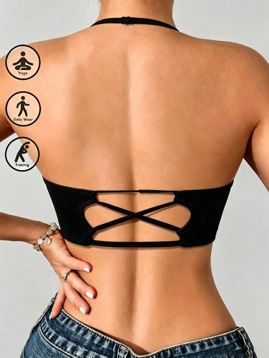 SHEIN 女款純色休閒日常運動掛脖內衣,健身上衣,女款健身服,女款健身套裝,健身服,女款運動健身 - 黑色 - 查看 1