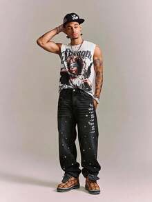 CRAVYNX Men's Rhinestone Print Wide Leg Jeans - Black - View 4
