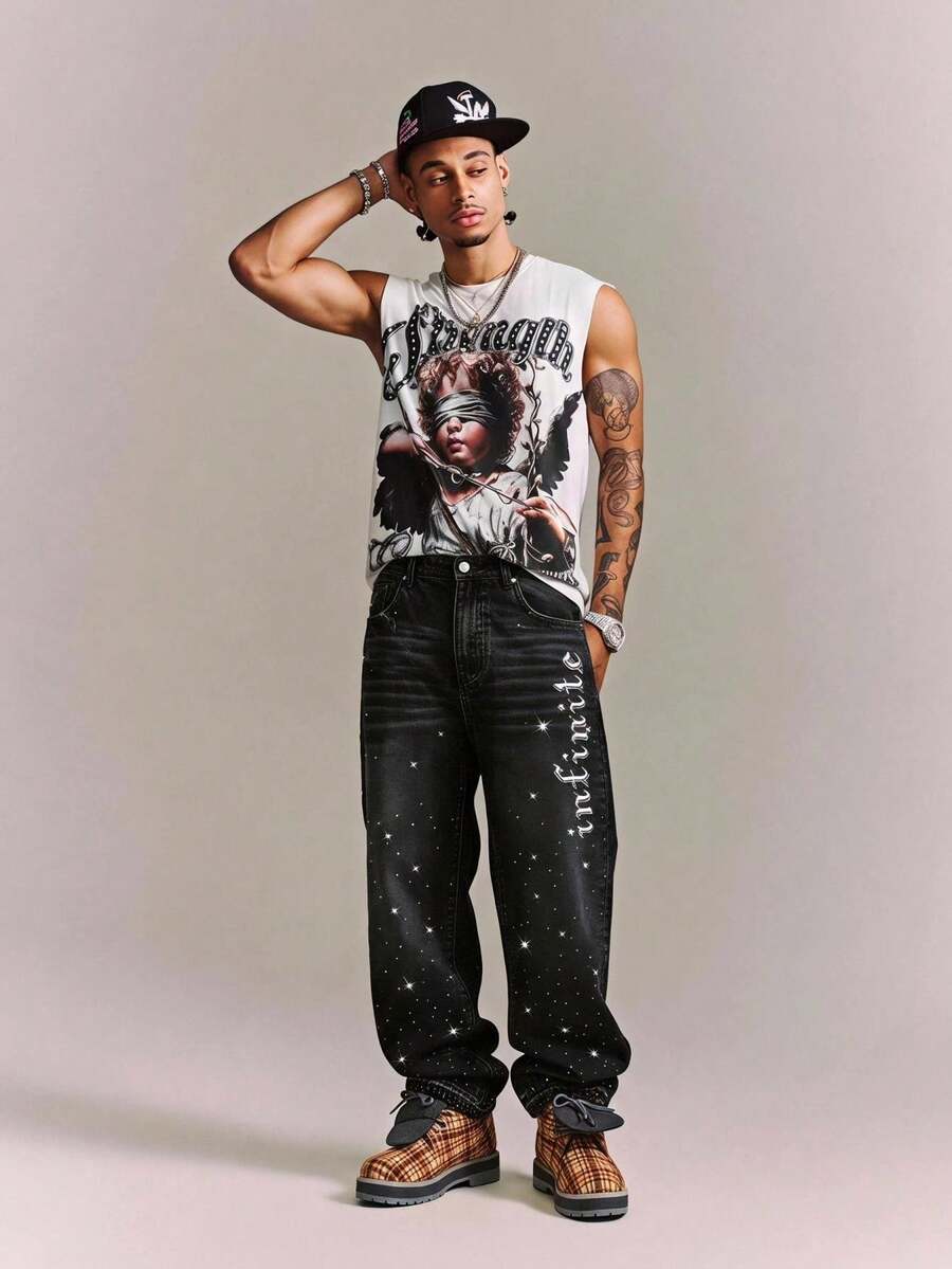 CRAVYNX Men's Rhinestone Print Wide Leg Jeans - Black - View 1