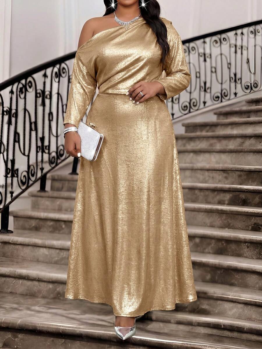 SHEIN Lady 大尺碼女款時尚派對不對稱單肩長袖洋裝 - 金色 - 查看 1