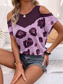 Yunfilé T-shirt d'été décontracté pour femme à manches courtes, imprimé léopard et blocs de couleurs, avec découpes aux épaules, top graphique imprimé guépard - Multicolore - Voir 3