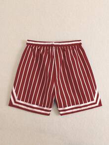 SHEIN Explorewe Pantalones cortos de playa con cordón en la cintura y estampado de rayas con letras para niños preadolescentes - Rojo - Ver 2