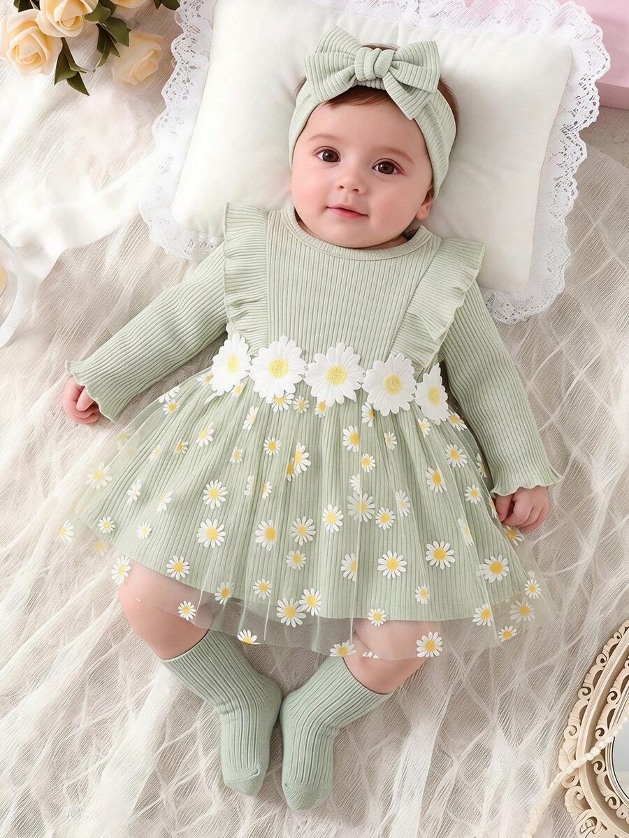SHEIN Vintaside Kids 新生兒圓領長袖優雅針織條紋拼接網紗洋裝外出穿著 - 綠色 - 查看 1