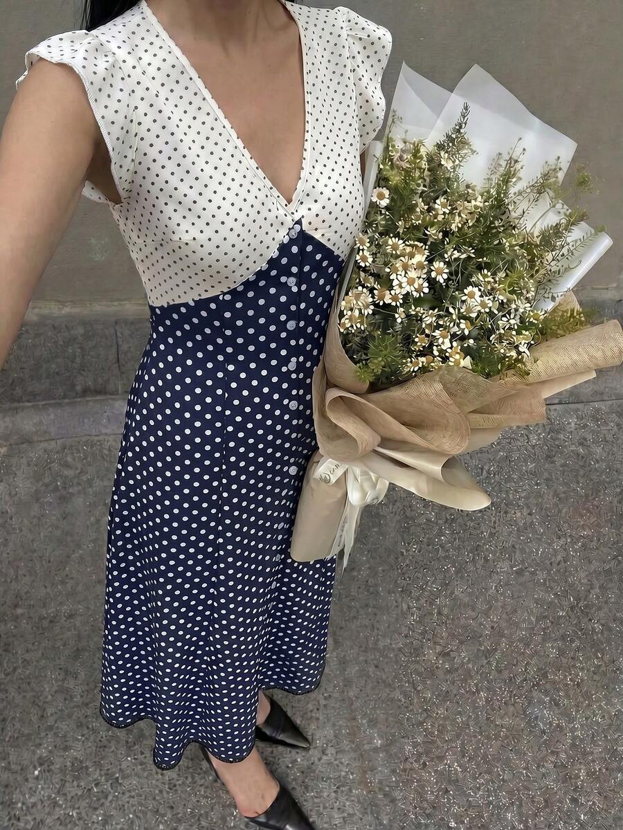 Pariaura Vestido con botones y estampado de lunares versátil y de moda para mujer - Multicolor - Ver 1