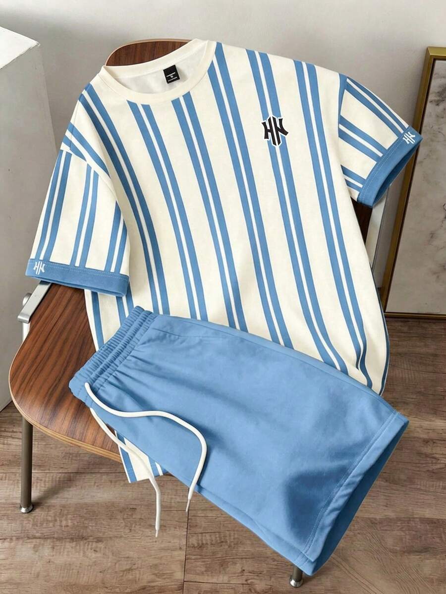 Manfinity Joysei Men's Summer Casual Striped T-Shirt And Shorts Set - Blue - View 1