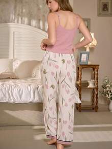 CottageSlumber Solid Color V-Neck Camisole & Floral Print Pants Pajama Set - Multicolor - View 2