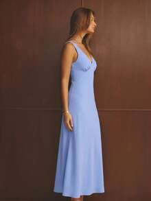 Aralina Women's Solid Color V-Neck Casual Party Dress - Blue - View 3