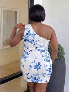 CurvyTilda Plus Size Women Boho Fall Vacation & Back To School Floral Asymmetrical Neck Bodycon Dress, For Summer,Holiday Outfits Elegant Party - Multicolor - View 2
