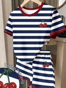 Tween女孩數位條紋櫻桃圖案短袖上衣與短褲套裝，休閒舒適時尚春/夏套裝，多功能夏季服飾，適合戶外運動、野餐、街頭攝影、居家、校園、度假、禮物、日常穿著 - 彩色 - 查看 3
