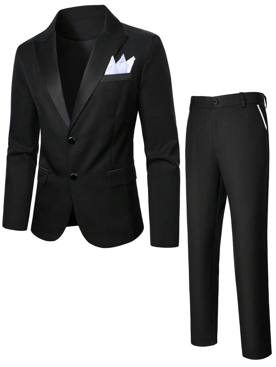 Manfinity Mode Men's British Business Style Lapel NeckLong Sleeve Blazer And Trousers Set - Black - View 1