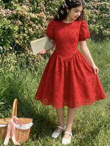 SHEIN Explorewe 大童熱門優雅紅色花瓣袖 A 字洋裝，春夏款，刺繡裝飾，優雅風格，適合家庭聚會、節慶與日常外出 - 紅色 - 查看 7
