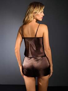 EmpressEnvy Women's Sexy Embroidered Coffee-Color Faux Silk Camisole And Shorts Pajama Set - Coffee Brown - View 3