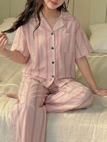 DAZY Minimalist Lapel Short Sleeve Loose Top & Casual Straight Leg Pants Striped 2 Pieces Set For Tween Girls Loungewear Summer - Watermelon Pink - View 1