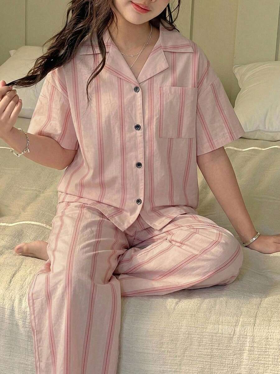DAZY Minimalist Lapel Short Sleeve Loose Top & Casual Straight Leg Pants Striped 2 Pieces Set For Tween Girls Loungewear Summer - Watermelon Pink - View 1