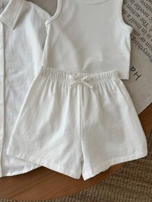 SHEIN LMoss Kids 女嬰白色襯衫＋針織吊帶背心＋短褲 3 件套 - 白色 - 查看 4