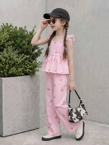 SHEIN Casuvi Kids 女童休閒度假條紋蝴蝶結印花套裝，修身細肩帶背心上衣，春夏季細肩帶上衣，柔軟修身，時尚設計適用於度假、旅行、校園及日常穿著 - 粉色 - 查看 3