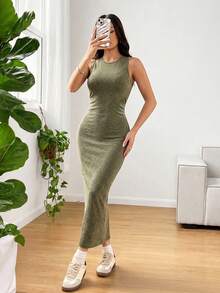 SHEIN EZwear 橄欖綠破舊雪花印花圓領無袖中長洋裝，適合日常、夜晚外出、約會之夜，夏季性感風格 - 軍綠色 - 查看 5