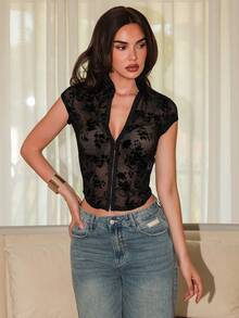 Bris Aura 2026 New Arrive Minimalism Spring/Summer Women's Sexy Floral Sheer Cap Sleeve Fitted Cropped T-Shirt, Summer Holiday Style,Party Clothing Casual Black - Black - View 1