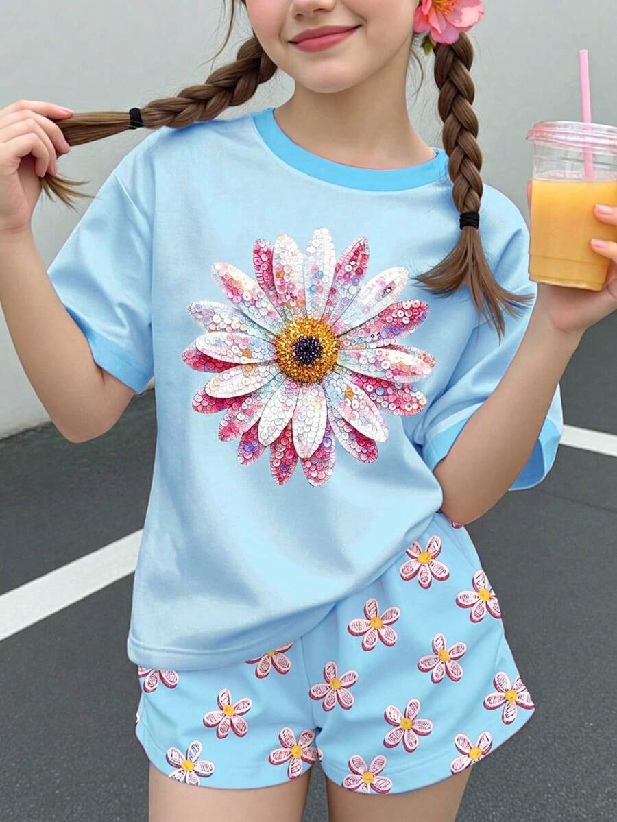 Tween女孩休閒極簡可愛甜美淺藍色風格,海灘度假風短袖短褲兩件套,適合夏季 - 彩色 - 查看 1