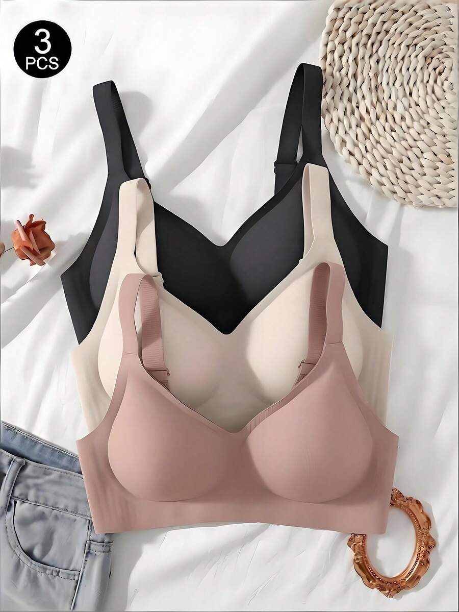 SHEIN 3件組女款極簡舒適無縫果凍膠無鋼圈內衣,附不可拆卸式胸墊 - 彩色 - 查看 1