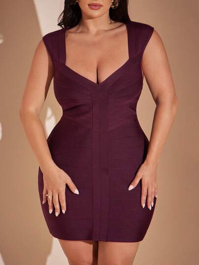 SHEIN BAE CURVE Plus Size Women's Burgundy Fitted Elegant Bandage Dress
