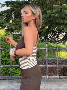 Jeta Ari Women Brown Stripe Spaghetti Strap Beaded Tank Top,Summer Boho Retro Cami,Knit Texture Metal Buckle Sleeveless Camisole For Holiday Vacation Casual - Khaki - View 5