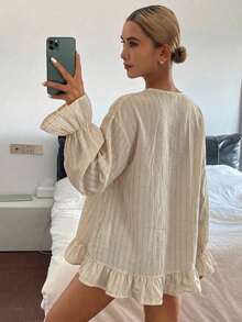 DAZY Vintage Striped Loose Round Neck Hem Lace Pocket Casual Girl Vacation Spring Summer Blouse Women Shirt - Grey - View 2