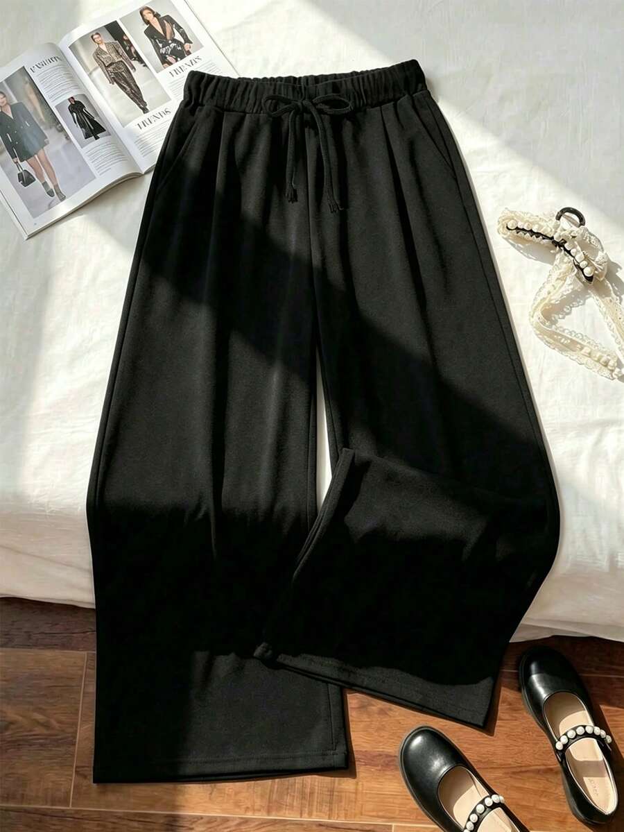 SHEIN 抽绳腰直筒宽松休闲裤 - 黑色 - 查看 1
