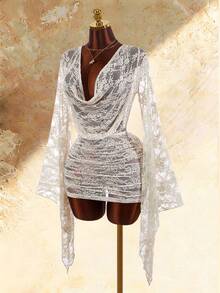 Amplova Plunging Neckline Long Sleeve Fully Sheer Sexy Elegant Ruffle Hem Bodycon Backless Mini Dress For Women Night Out Cream Autumn - Apricot - View 7