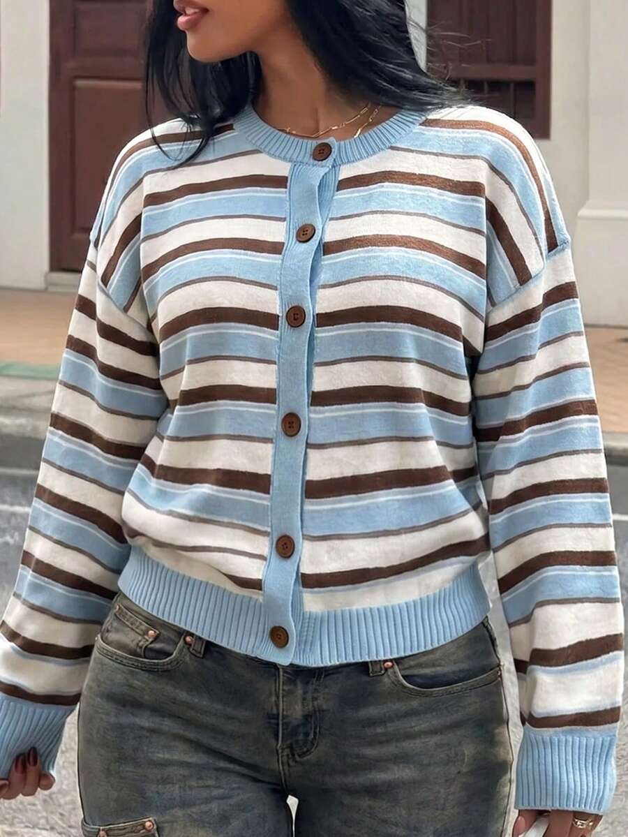 Slaydiva 女款春秋休閒條紋開襟外套