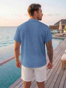 Manfinity RSRT Men's Casual Solid Color Short Sleeve Half Button Placket Top, Summer, Holiday - Blue - View 2