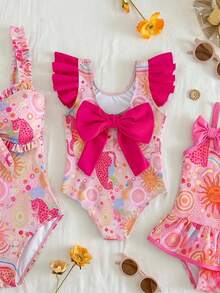 SHEIN Baby Girl Toddler Girl Rose Red Tropical Island Leopard Print Back Bow Ruffle One-Piece Swimsuit - Multicolor - View 7