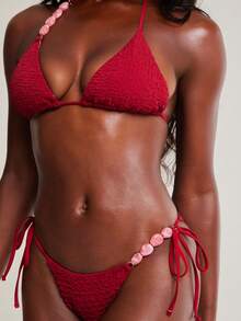 NYA SZN Solid Color Spaghetti Strap Summer Triangle Fashion Beach Bikini Set With Beads - Red - View 1