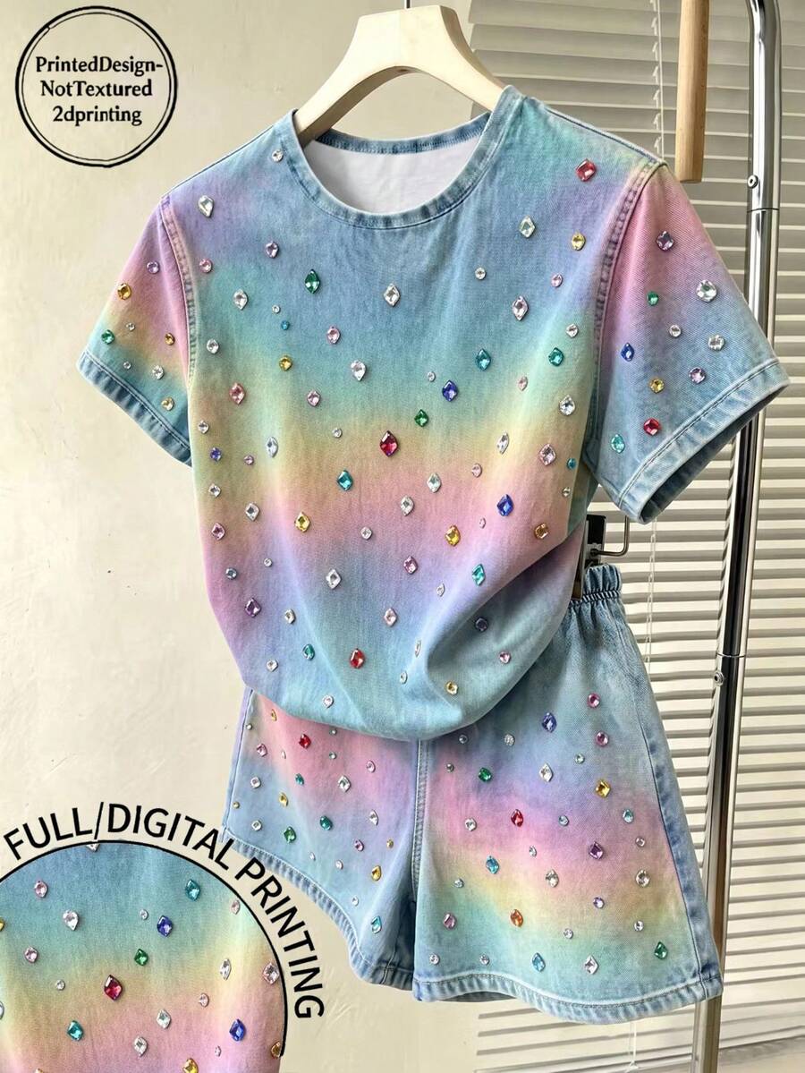 Tween Girls Digital Diamond Pattern Short Sleeve & Shorts Set, Casual Comfortable Autumn/Winter Outfit,Back To Schoo,Holidays,Colorful Diamond Print - Multicolor - View 1