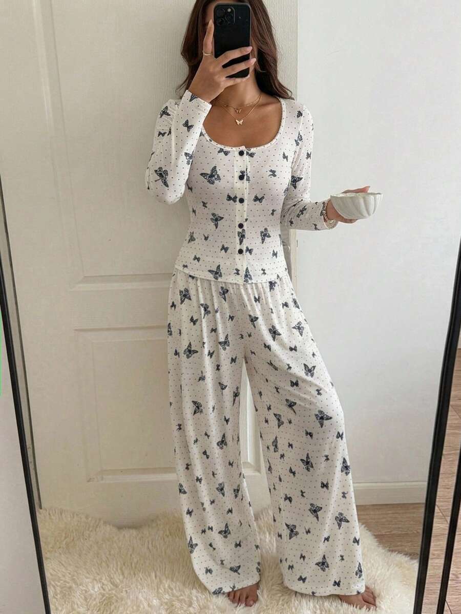 DAZY 女款夏季優雅蝴蝶印花上衣與寬腿睡褲套裝 - 黑與白 - 查看 1