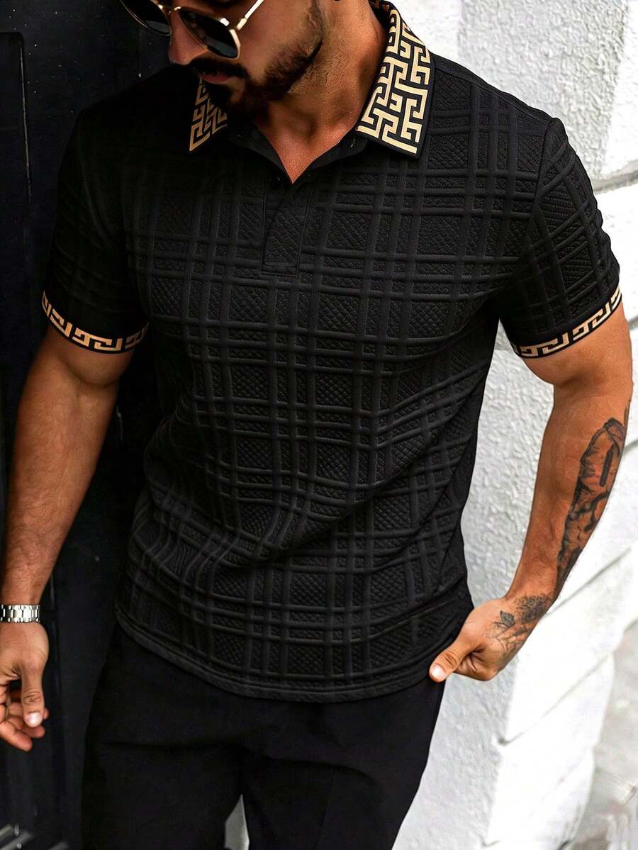 Manfinity Homme 男士针织提花纯色纹理领口和袖口黑色罗纹 Polo 衫,配 2 颗黑色纽扣 - 黑色 - 查看 1