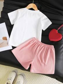 SHEIN Genkimix Kids 女童時尚可愛愛心刺繡針織短袖T恤上衣套裝，適合日常休閒、運動、外出與度假 - 彩色 - 查看 2