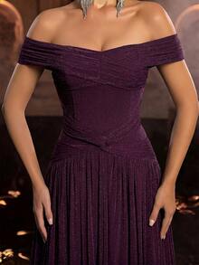 Glamrae Elegant Off-Shoulder Knitted Fabric Ruched Design Waist Fan-Shaped Pleated Tummy-Control Bodycon A-Line Dress, Suitable For Ball, Business Events, Private Tea Parties, Birthday, Large Holiday Events, Wedding Guests, Women's Heavy Embellished Evening Gown, Long Dress, Formal Dress - Maroon - View 7