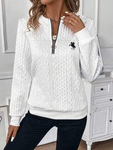 EMERY ROSE Casual Minimalist Loose Half-Zip Sweatshirt Plus Size Suitable For Autumn/Winter Fall - White - View 4