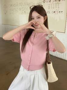 DAZY 女款素色單排扣休閒百搭日常短袖開襟衫 - 粉色 - 查看 3