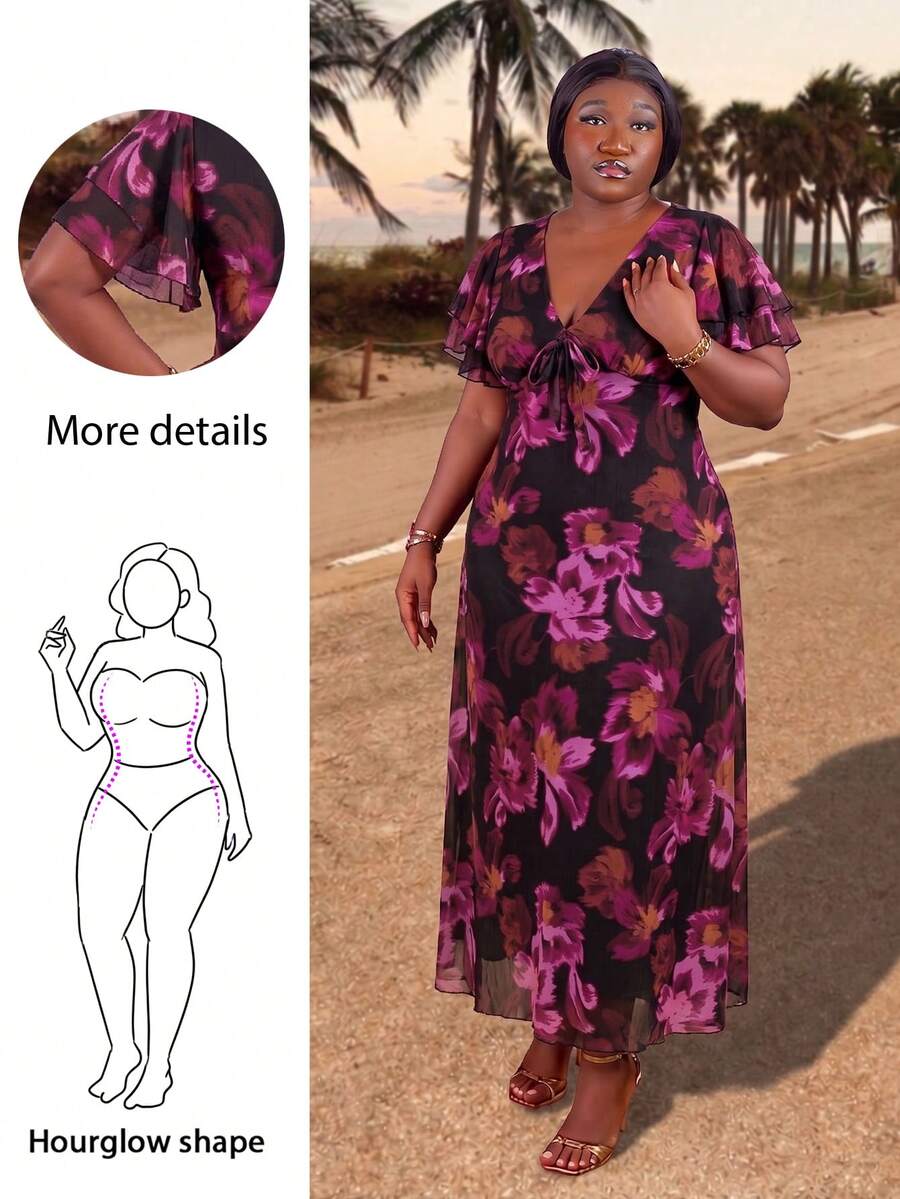 CurvyTilda 大码女式紫色碎花荷叶边袖连衣裙 - 紫色 - 查看 1